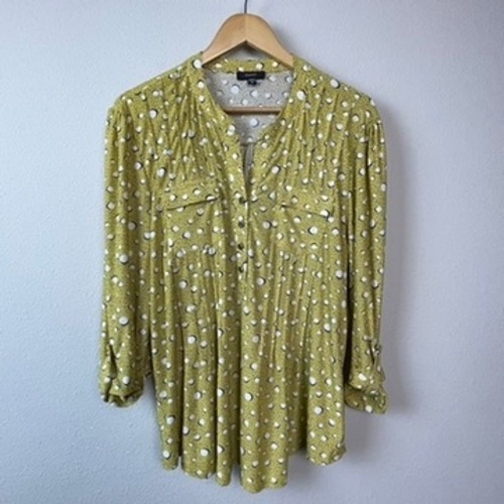 Cocomo Polka Dot Blouse Womens XL Yellow Roll Tab Sleeve V-Neck‎ Button Up Tunic